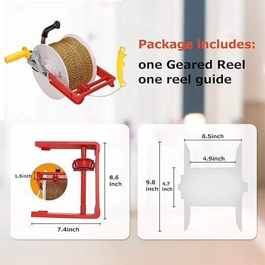 3:1 Geared Reel Prewound Polywire, Electric Fence Wire Reel, with Auxiliary Winding Handle, Plus 1 Free 8 inch Insulgrip, Suitable for Building Farm Electric Fences