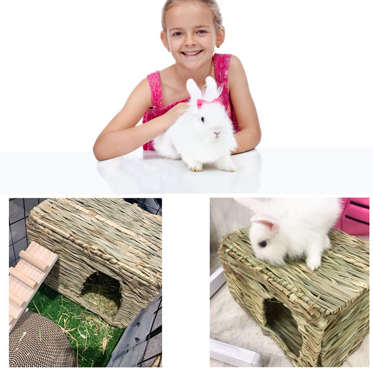 HERCOCCI Extra Large Grass House for Rabbit, Foldable & Comfortable - Small Animal Hut Play Hideaway Bed Hay Mat Chew Toy for Bunny Guinea Pig Hamster Chinchilla (2 Pack)