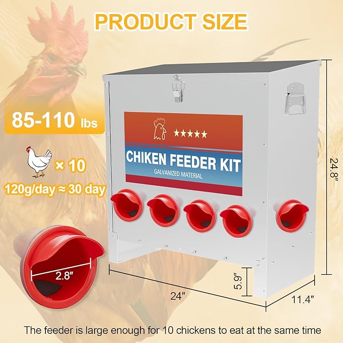 Automatic Chicken Feeder 6 Ports 85 Pounds Large Gravity Fed Chicken Feeder with Latch & Handle for Chickens, Geese, Ducks, Turkeys, Quails, Weatherproof