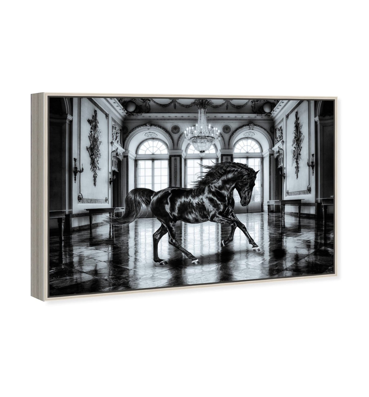 Country Farmhouse Canvas Print Painting Animal Wall Art 'Elegant Black Ballroom Horse' Champagne Framed Canvas Rustic Home Décor 54x36 in Black, Gray by Oliver Gal