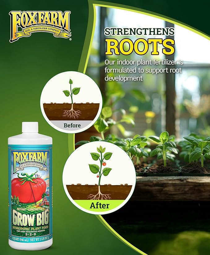 FoxFarm Grow Big Hydro Liquid Fertilizer, Plant Food with Micro Nutrients for Hydroponic Systems - Enhances Vegetative Growth, Flowering, and Fruiting - pH Adjustable, NPK 3-2-6 (Quart)