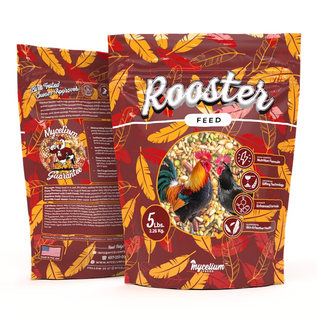 Mycelium Organic Rooster Feed (5 LB Bag) | High-Protein Chicken Feed for Energy, Feather Health & Daily Performance | Balanced Poultry Blend with Grains, Legumes & Fish Meal | Non-GMO, Made in USA