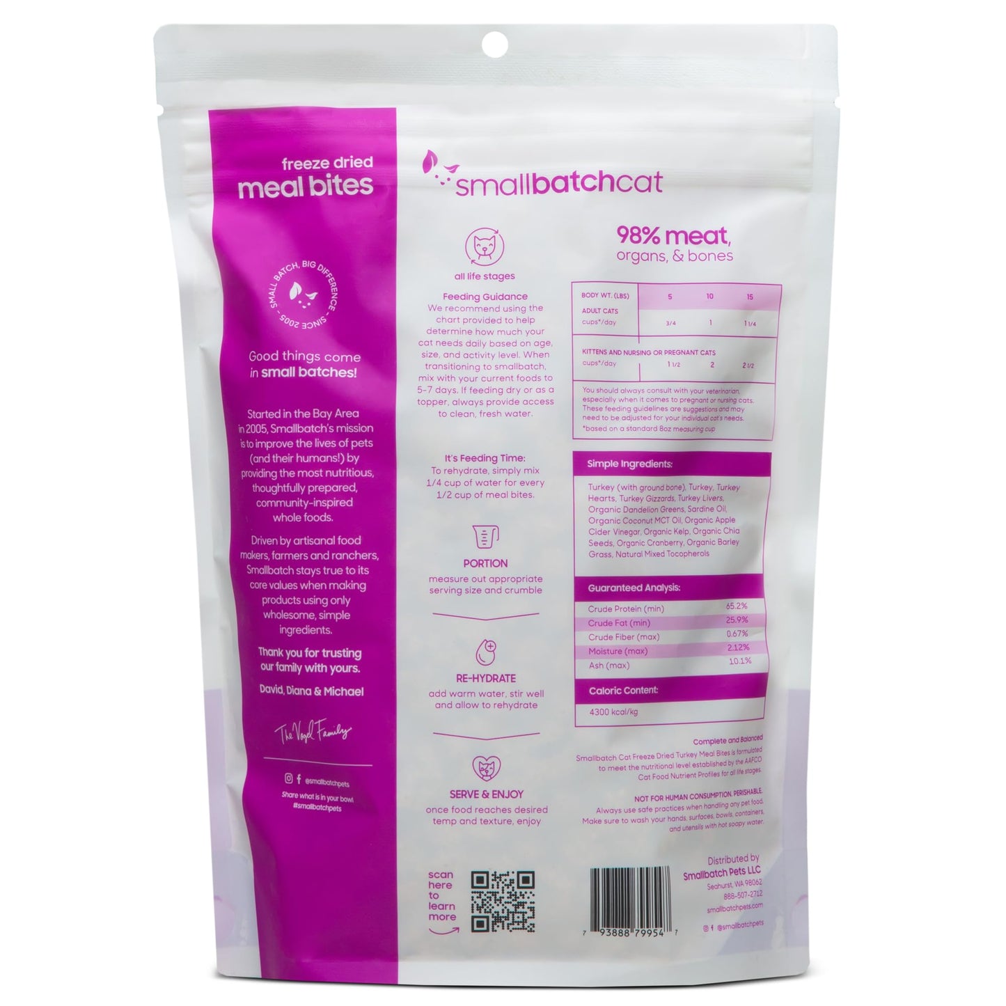 smallbatch Freeze-Dried Raw Cat Food, Shelf Stable Food Bites, Turkey Recipe, High Protein Meal or Topper for Cats, Humanely Raised Meat, Organic, Non-GMO Produce, Made in The USA, 10oz Bag