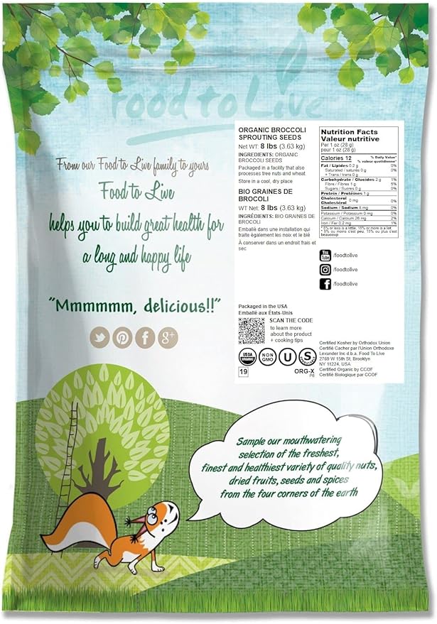 Food to Live Organic Broccoli Seeds for Sprouting, 8 Pounds – Non-GMO, Vegan, Kosher, Sirtfood, Bulk. Rich in Sulforaphane, Vitamin C. Grow Sprouts, Microgreens for Salads, and Sandwiches