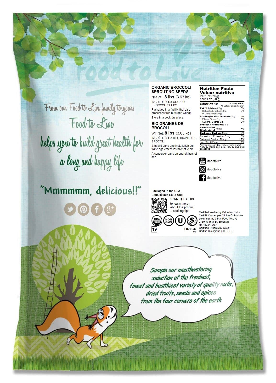 Food to Live Organic Broccoli Seeds for Sprouting, 8 Pounds – Non-GMO, Vegan, Kosher, Sirtfood, Bulk. Rich in Sulforaphane, Vitamin C. Grow Sprouts, Microgreens for Salads, and Sandwiches