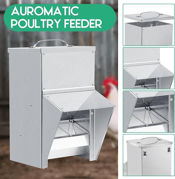 Uiifan 2 Pcs 11.5-50 Lbs Galvanized Chicken Feeder Weatherproof Poultry Food Dispenser with Lid Chicken Duck Food Dispenser Rat Proof Poultry Feeder for Cock Hen Duck(11.5 lb)