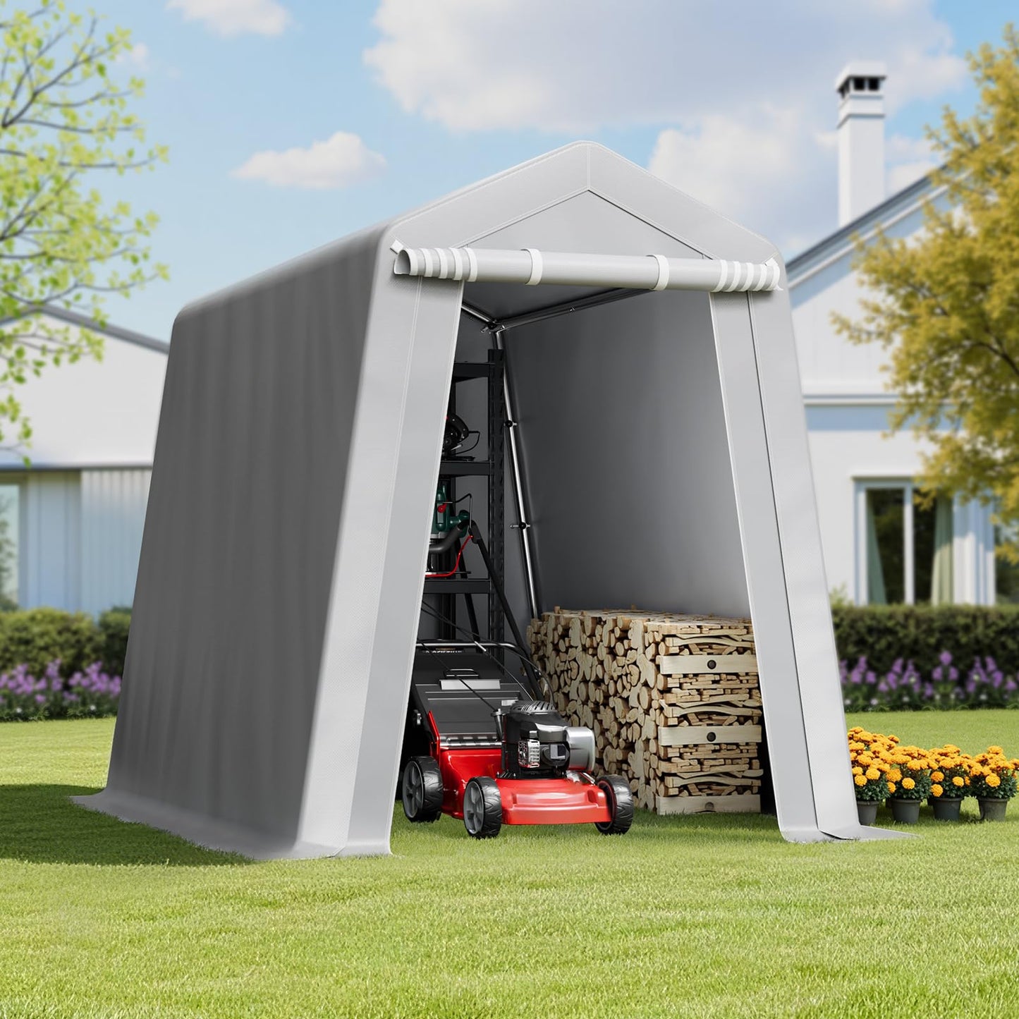 VEVOR 6x8x7 FT Portable Outdoor Storage Shed, Heavy-Duty Waterproof Shelter with Roll-Up Zipper Door & Vents, UV-Resistant Carport for Motorcycle, Bike, Lawn Mower, Tools, Gray
