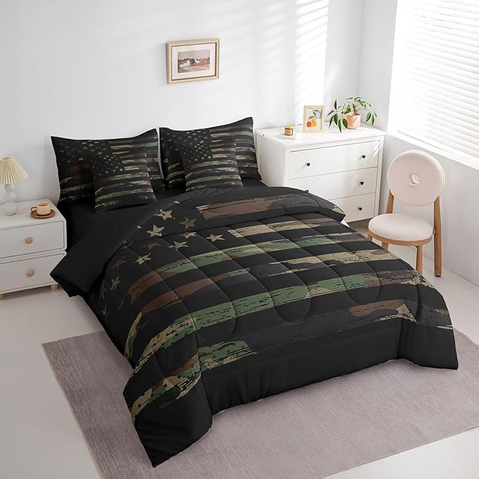 Feelyou American Flag Bedding Bed Set Set Full Size Green Brown Camouflage 7 Pieces Bedding Set, Boys Girls Decor Camo Stripes All Season,Bed in a Bag with Comforter, Sheets, Pillowcases Abstract