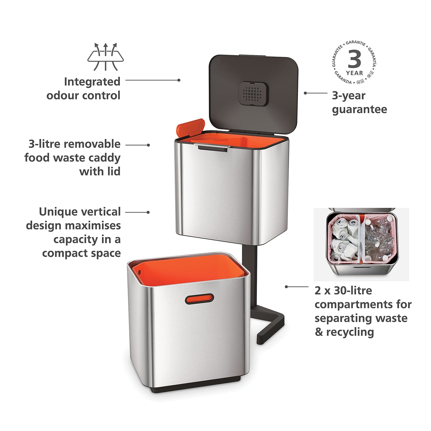 Joseph Joseph Totem Max 60 Liter/15.85 Gallon Waste Separation and Recycling Kitchen Trash Can with Odor Filter and Removable Food Waste Caddy, Stainless Steel