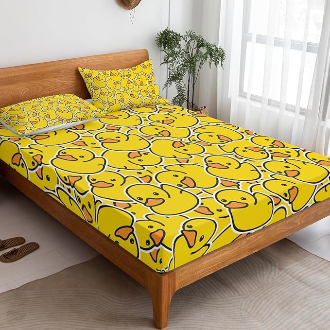 Yellow Rubber Duck Fitted Bed Sheet Set Kids Soft Microfiber Breathable Bedding All-Round Elastic Pocket 3 Pieces Fitted Sheet Set for Boys and Girls (King)