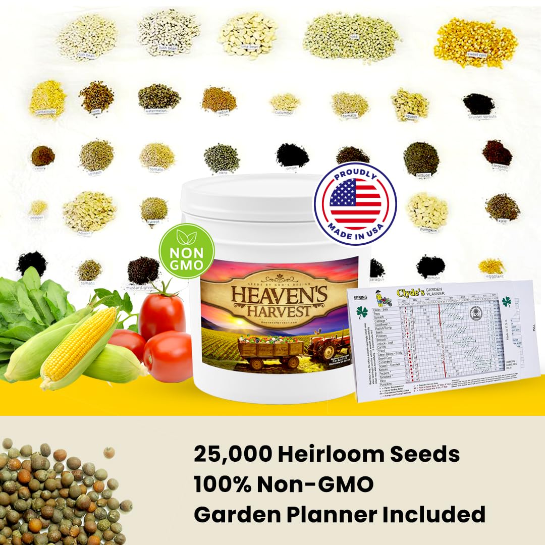 Heaven’s Harvest “10 Year Garden” Survival Seed Bank Kit | Over 50k Non GMO Heirloom Vegetable Survival Seeds + 2 Free Bonus Items: Clyde’s Garden Planner + Seed Vault Storage Drum for 10 Year Storage