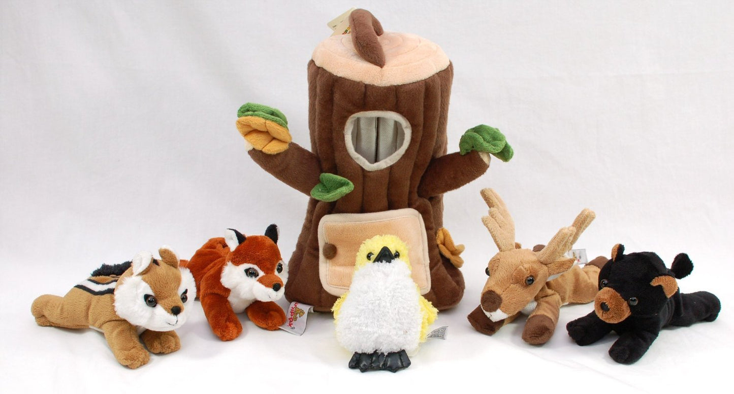 Special Edition Plush Treehouse with Animals - Tree Stump + Five (5) Stuffed Forest Animals (Fox, Elk, Bird, Black Bear, and Chipmunk)