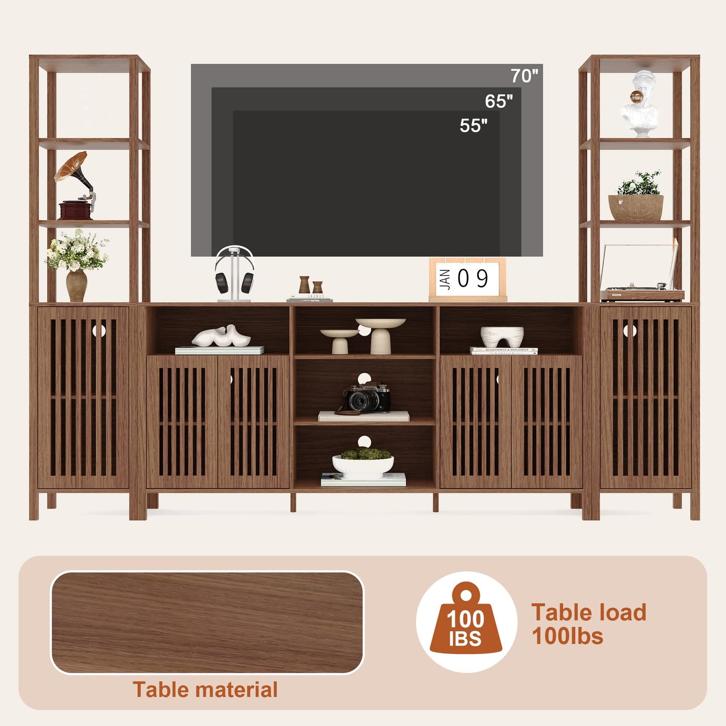 Farmhouse TV Stand for TVs Up to 70 in, Entertainment Center with Bookshelves, Media Center with Storage Cabinet & Adjustable Shelves for Living Room Bedroom Home Theater