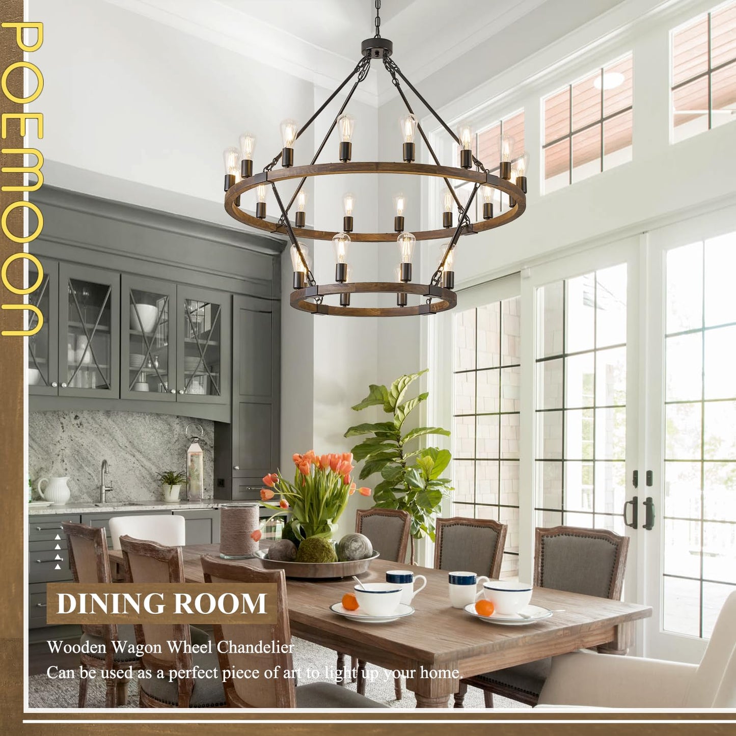 Poemoon 2 Tier Wooden Wagon Wheel Chandelier 43.3'' Farmhouse 24 Lights(16+8) Black Rustic Light Fixture 2-Story Round Wood Chandelier for High Ceiling Living Dining Room Foyer Villa