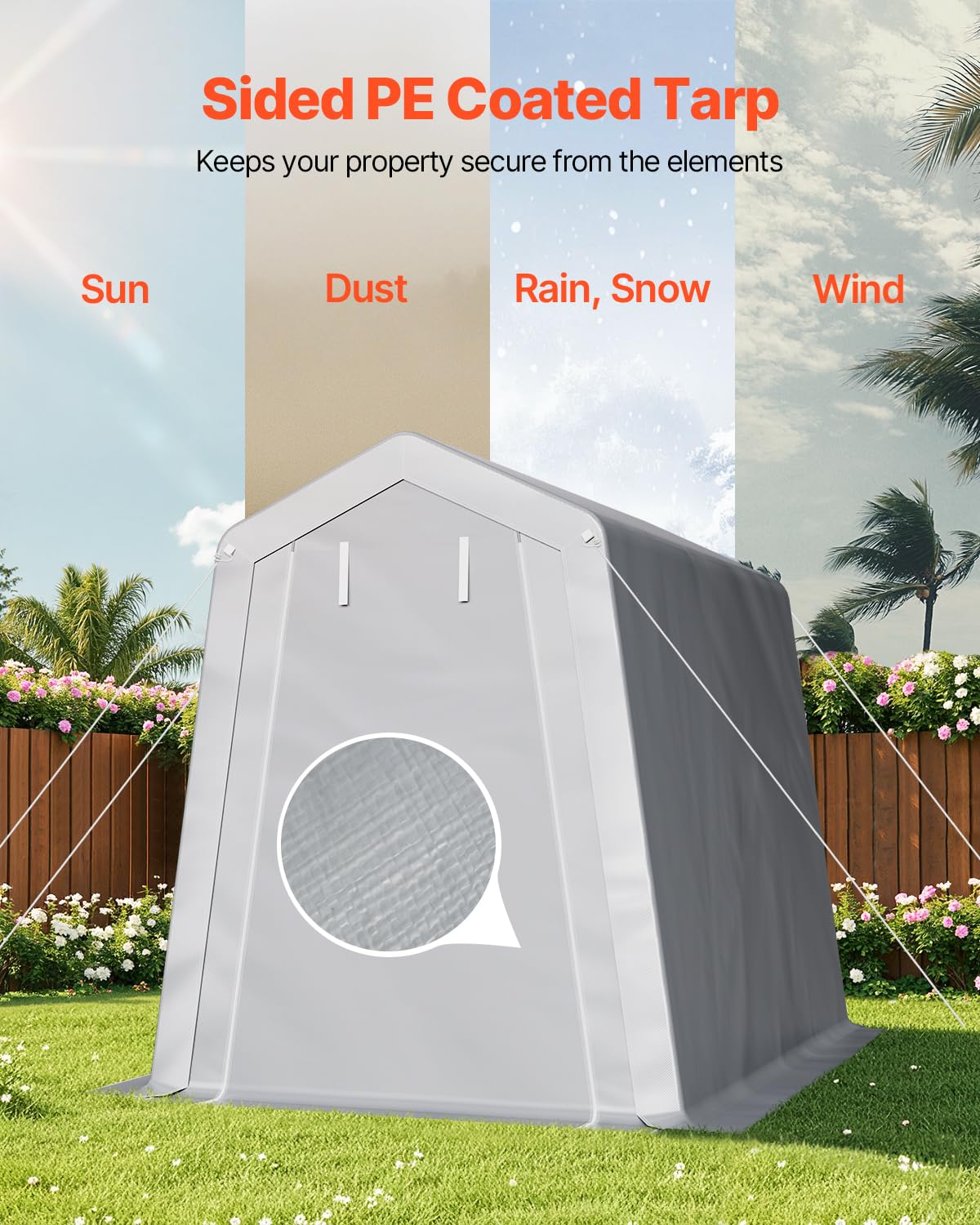 VEVOR 6x8x7 FT Portable Outdoor Storage Shed, Heavy-Duty Waterproof Shelter with Roll-Up Zipper Door & Vents, UV-Resistant Carport for Motorcycle, Bike, Lawn Mower, Tools, Gray