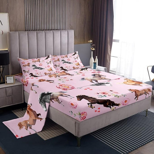 Horse Sheet Set for Girls,Kawaii Farmhouse Horse Print Bed Sheets Queen for Cowboy Cowgirl,Rustic Wild Animal Bedding Set,Watercolor Rose Flowers Leaves Fitted Sheet + Flat Sheet + 2 Pillowcases