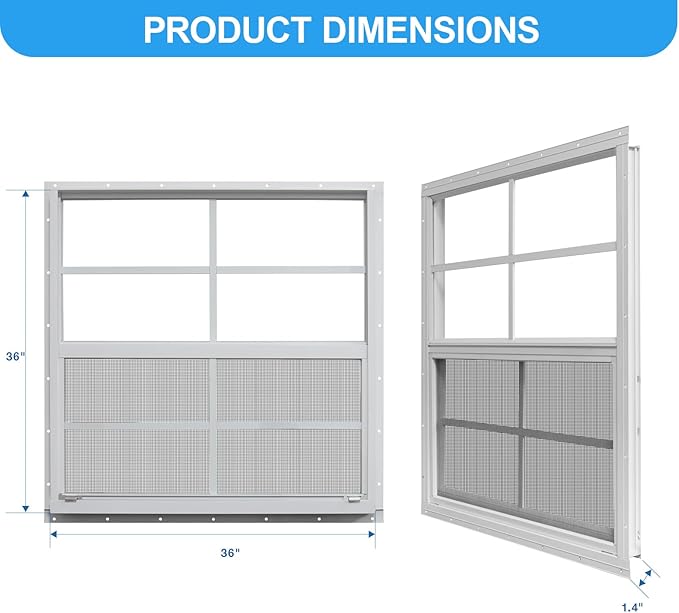 NeatiEase 2 Pack Shed Windows, 36" x 36" Flush Mount Window with Tempered Glass and Fiberglass Screen for Shed, Chicken Coop, Playhouse, Household, Garage
