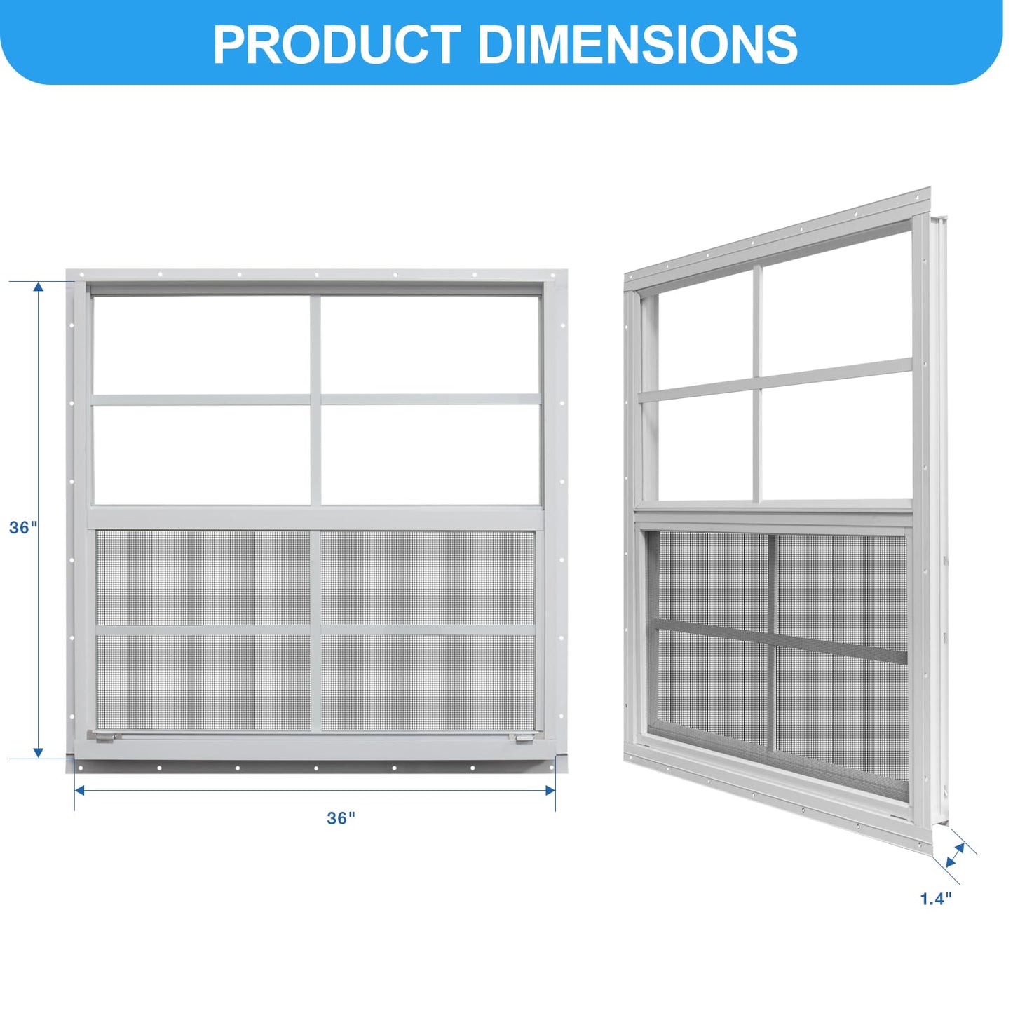 NeatiEase 2 Pack Shed Windows, 36" x 36" Flush Mount Window with Tempered Glass and Fiberglass Screen for Shed, Chicken Coop, Playhouse, Household, Garage