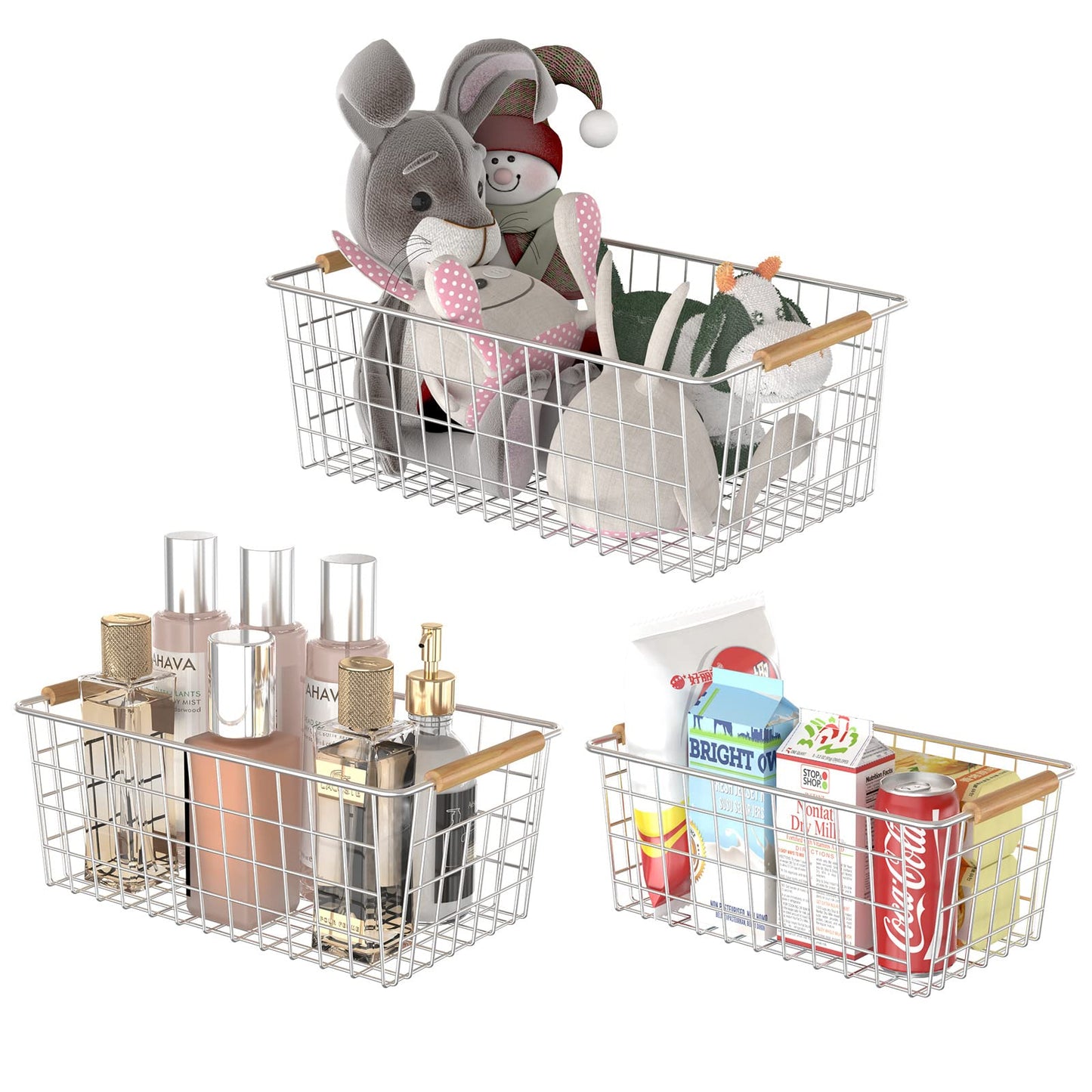 YOUVIP 3 Pack Wire Storage Baskets for Organizing,Household Pantry Storage Freezer Baskets with Wooden Handles,Metal Storage Baskets for Bathroom, Laundry, Garage，Sliver