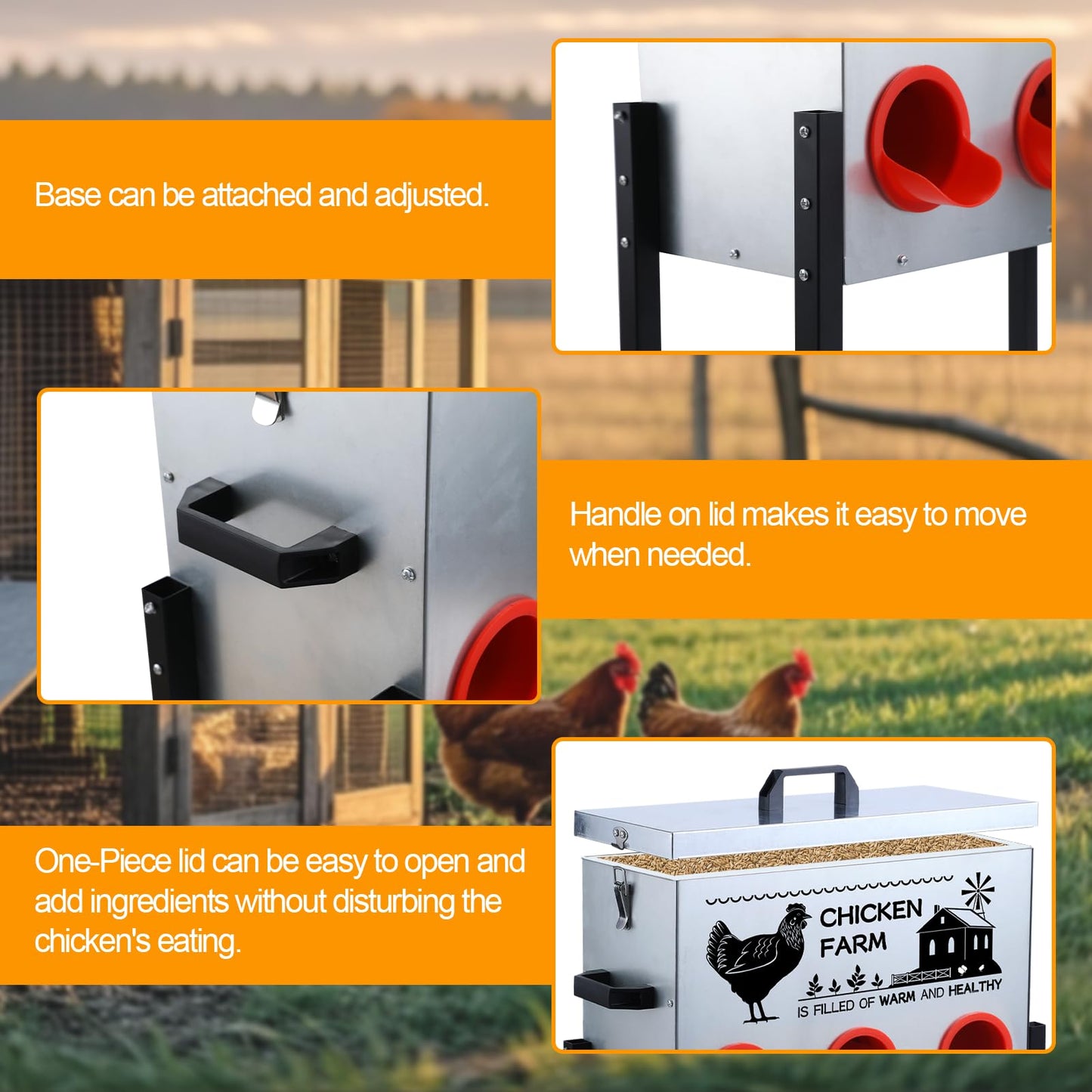 Automatic Chicken Feeder Box 30 lbs, 6 Feeding Ports, No Waste Poultry Feeder with Locking Lid and Adjustable Legs for Chickens, Ducks, Geese Galvanized Metal (30 Lbs-6 Ports)