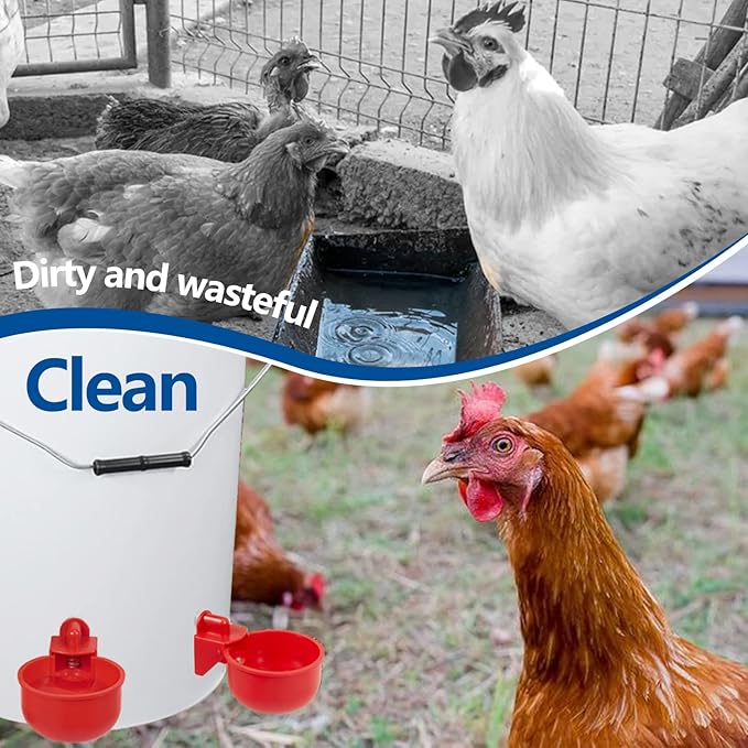 Chicken Waterer Cups 24 Pack Automatic Chicken Water Cups for Poultry LANARP Float Style Gravity Chicken Watering System Poultry Water Feeder Kit Chicken Waterer 5 Gallon with Mounting Hole Opener