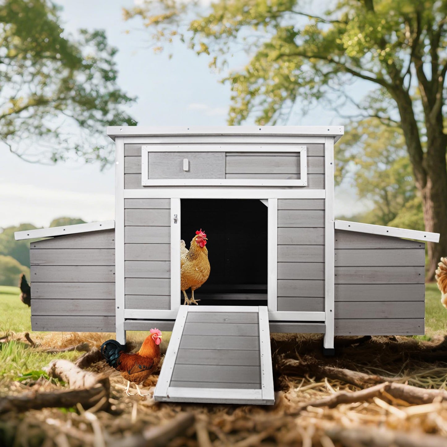KEIKI Large Wooden Chicken Coop, Outdoor Hen House, Poultry Cage, Rabbit Hutch, Wooden Poultry Cage for Outdoor with 2 Sides Nesting Boxes