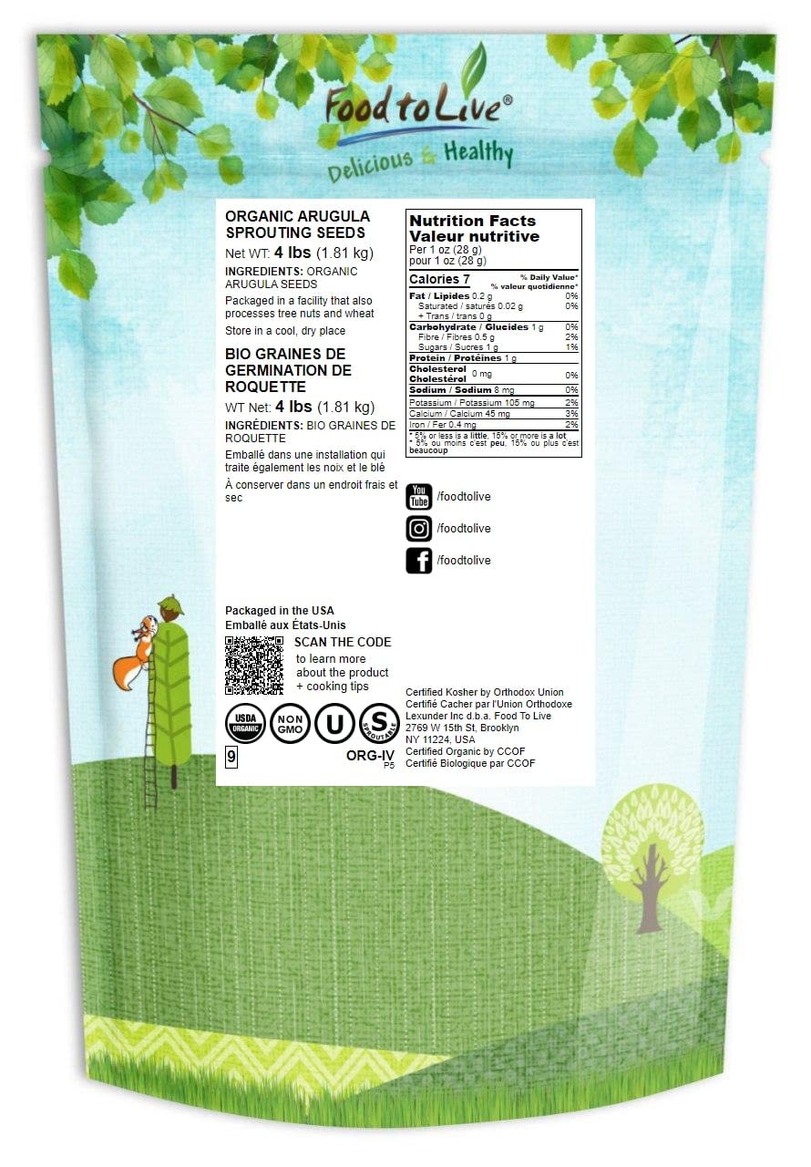 Food to Live Organic Arugula Sprouting Seeds, 4 Pounds - Non-GMO, Kosher, Great for Sprouting & Planting, High Germination Rate, Vegan Superfood, Bulk, Microgreens & Plants for Salads, San