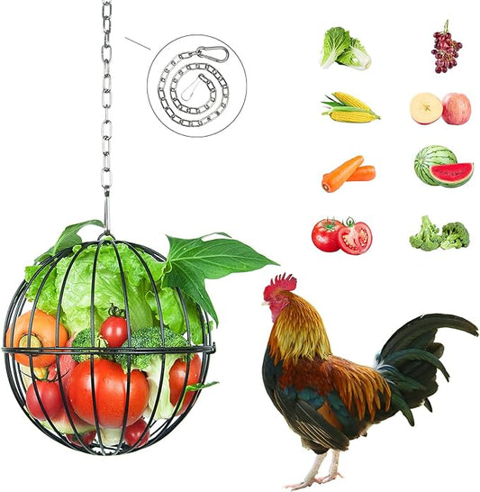 Hanging Chicken Feeder, 7.4 Inch Metal Large Chicken Ball Cage,Hen Food Rack, Chicken Feeding Supplies, Chick Coop Accessories.1 pcs Black