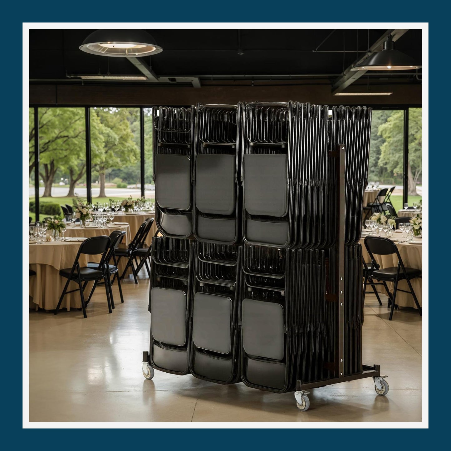 OEF Furnishings OEF84 Series Folding Chair Cart – Heavy-Duty Two-Tier Steel Dolly Rack with Wheels (84 Chairs, Standard Height, Hanging Storage)