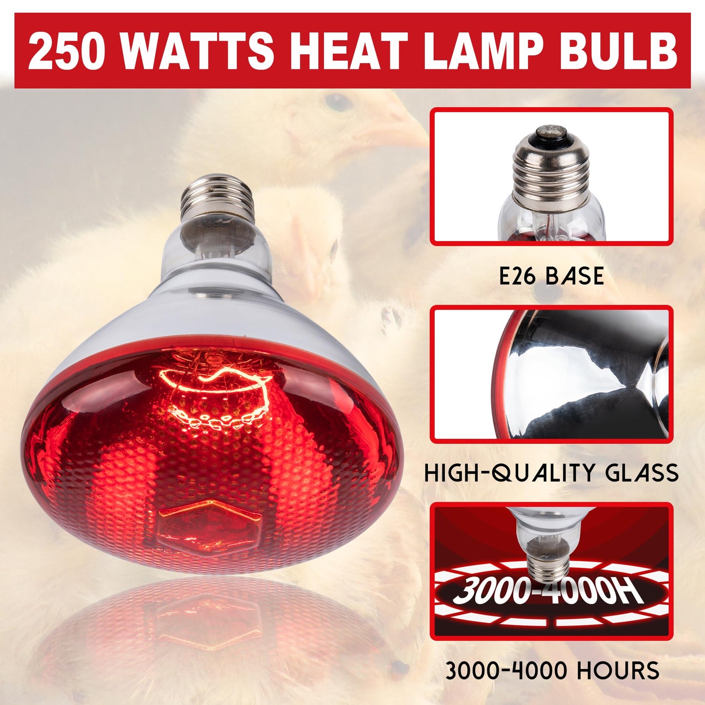 Wesome Lighting 4 Pack 250W Chicken Heat Lamp Bulbs, PAR38 Red Heat Lamp for Chicks, Infrared Reflector Heating Bulbs for Brooder Heater, Infrared Heat Lamp for Pet, Bathroom, Food