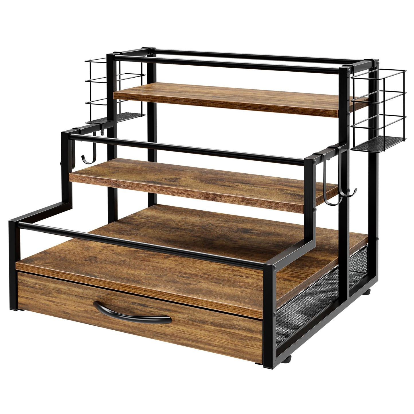 Coffee Syrup Organizer Rack, 4-Tier Syrup Bottle Holder Stand with 36 K Cup Pod Drawer Storage for Coffee Bar, 12 Bottles Storage Shelves for Syrup, Wine, Dressing for Kitchen Coffee Station
