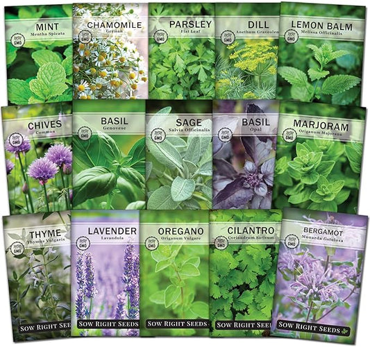 Sow Right Seeds - 15 Herb Garden Seed Collection for Planting - Essential Herbs for Cooking - Non-GMO Heirloom Packet Instructions to Grow Kitchen Garden Indoors or Outdoors - Great for Hydroponics