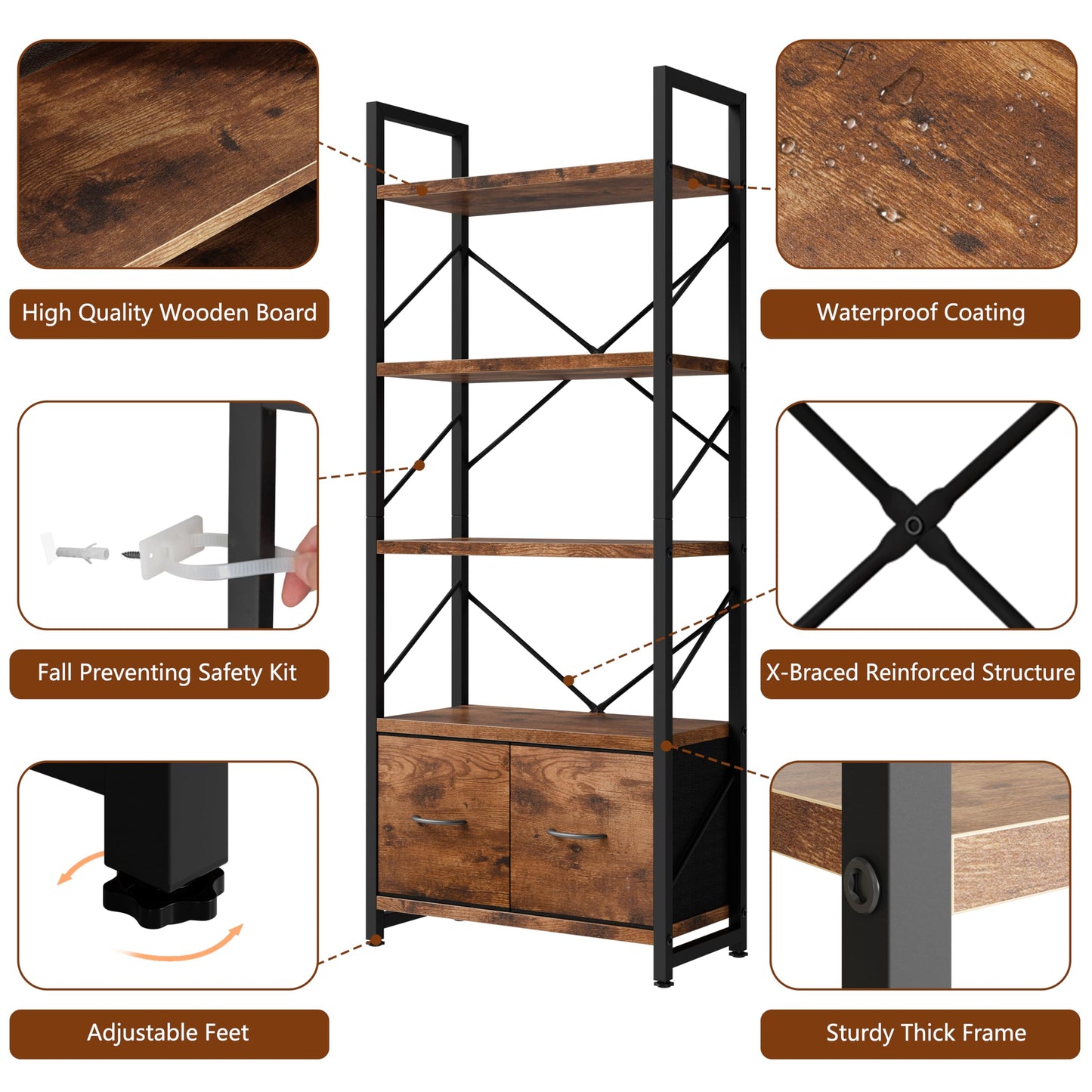 Shintenchi Book Shelf,2 Pieces Tall Bookshelf with Drawer, 5 Tier Industrial Open Standing Bookcase,Freestanding Wooden Display Shelves Storage Organizer,Rustic Brown