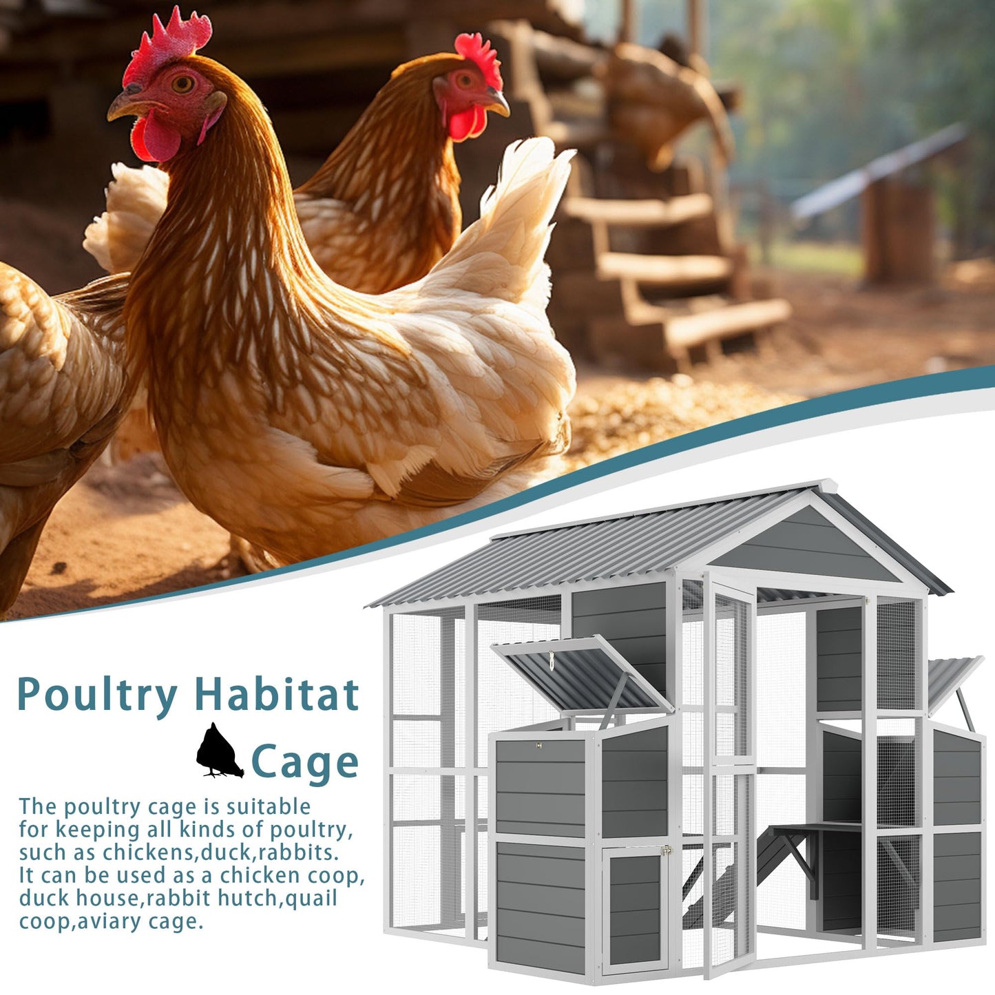 YOPTO Chicken Coop for 10 Chickens,Extra Large Wooden Chicken House Outdoor Nest Box Hen Houses with 2 Chicken Nesting Boxes,Poultry Pet Hutch w/Walk in Desgin,Ramp and Run,Waterproof Roof