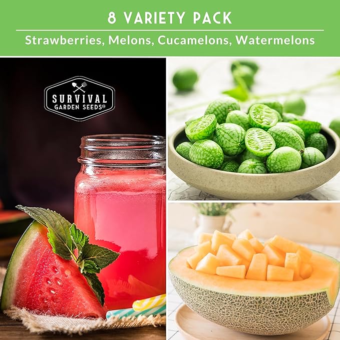 Survival Garden Seeds - 8 Fruit Seed Collection for Growing Watermelon, Cantaloupe, Melon, Strawberry, and Cucamelon Plants in Your Home Vegetable Garden - Non-GMO Heirloom Fruit Seeds Variety Pack