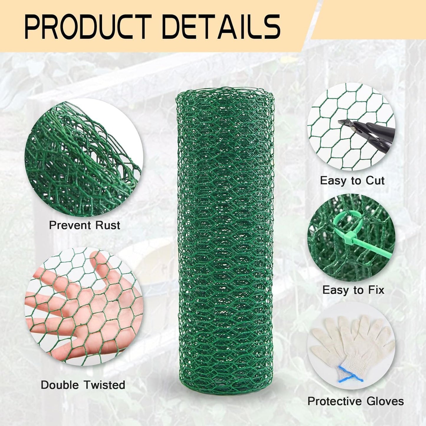 Chicken Wire 15.7in x 118in with a Pair of Gloves，1 Wire Cutter，50 Pcs Cable Zip Ties, Floral Chicken Wire Mesh 0.8in Hexagonal Galvanized PVC Coated Garden Netting Fence for Craft Poultry Garden