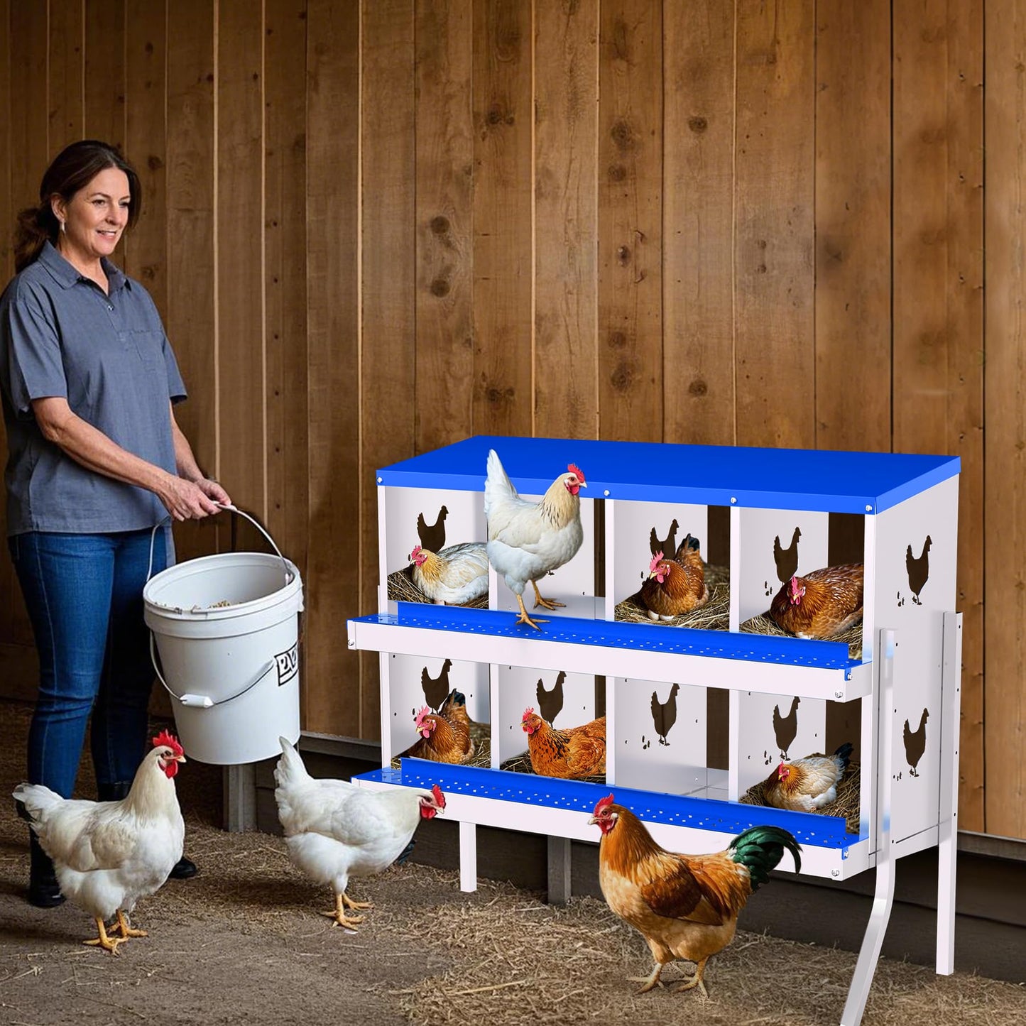 Garvee Chicken Nesting Box with Removable Tray, 8 Compartment Nesting Boxes for Chickens, Easy to Clean and Install, Chicken Laying Boxes for Chicken Coop to Protect Eggs - with Bracket Legs, Blue