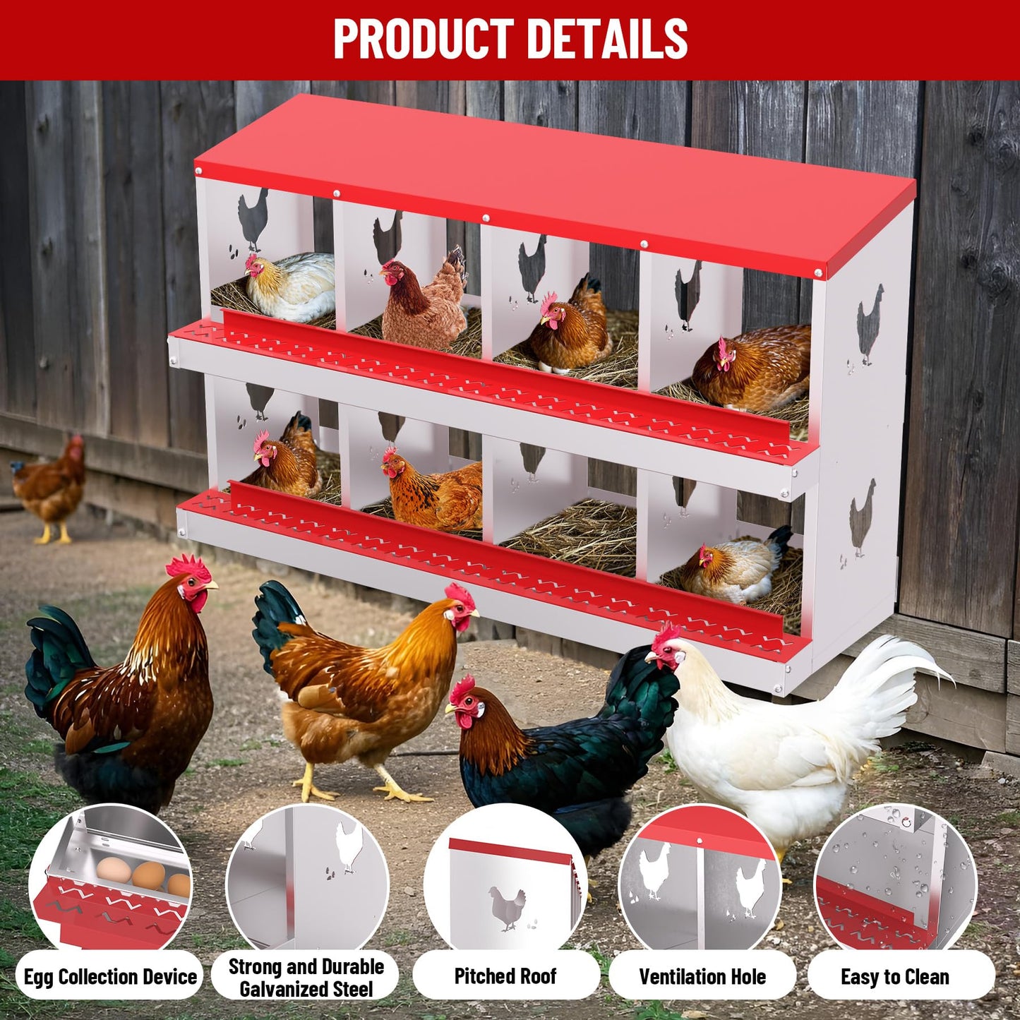 Chicken Nesting Boxes, 8 Compartments Nesting Boxes, Metal Chicken Laying Box with Roll Out Egg Collection with Vented Holes for Hens, Red