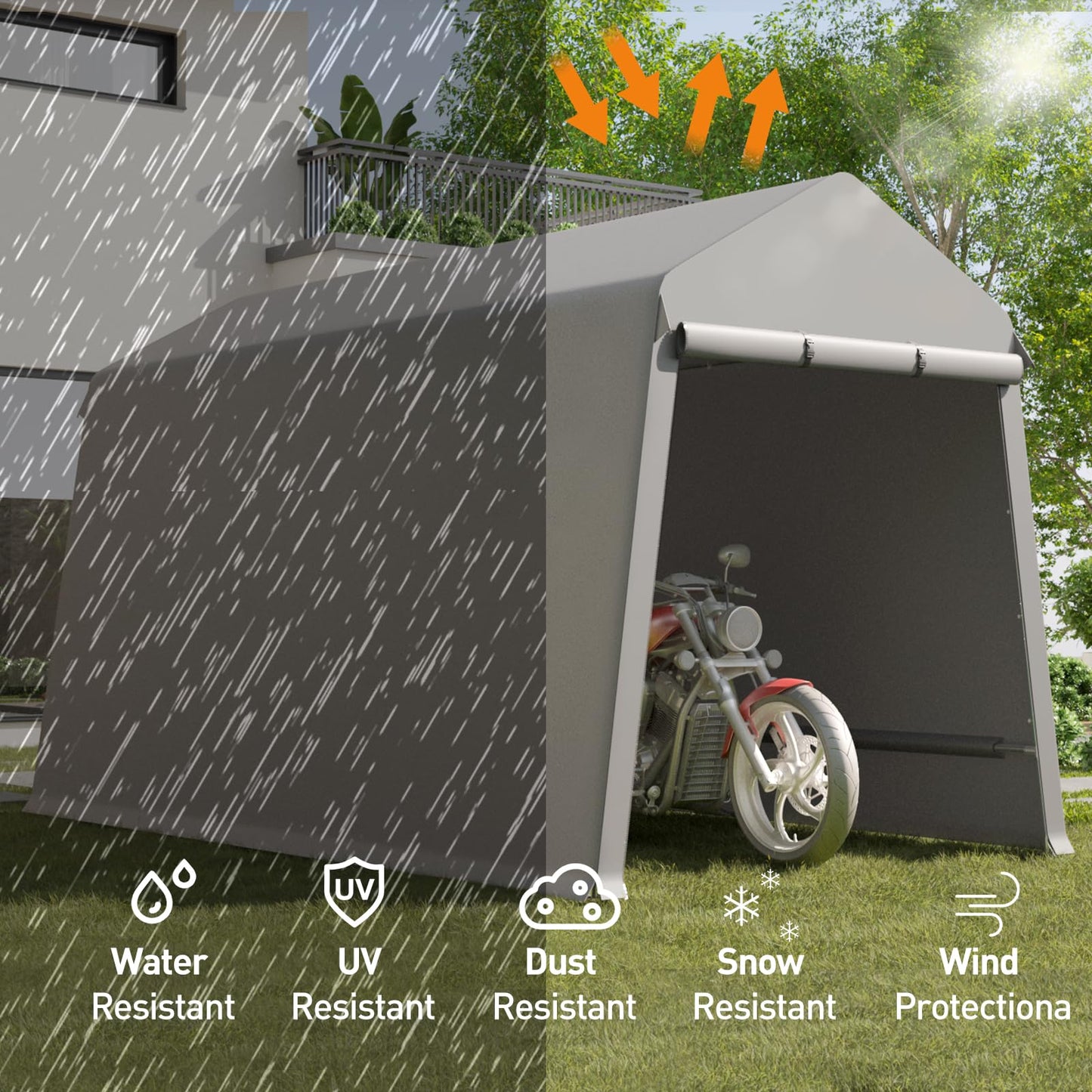 7X12 Ft Outdoor Portable Storage Shelter Shed with Rolled Up Zipper Doors & Vents, Heavy Duty Carport for Motorcycle Waterproof and Uv Resistant Anti-Snow Portable Garage Kit Tent, Gray