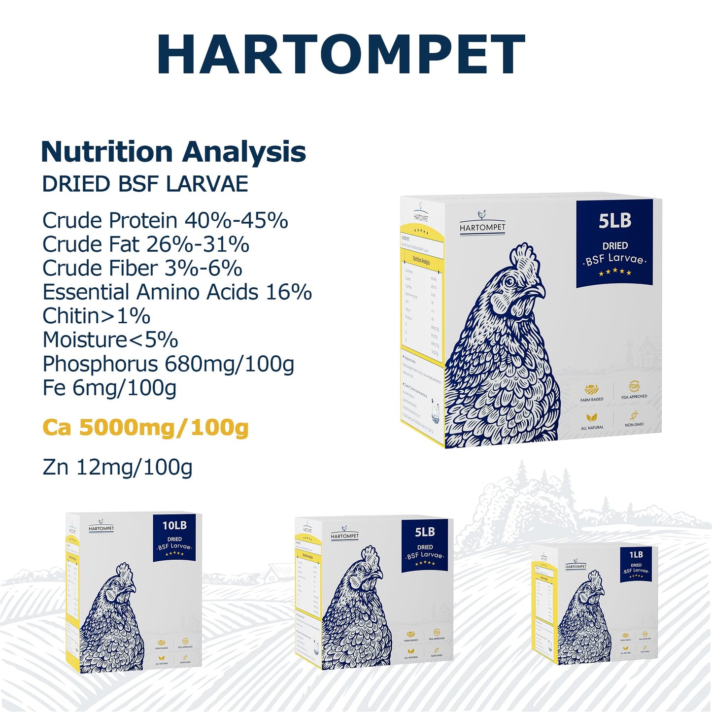 HARTOMPET Nutrient-Rich Chicken Feed - 5LB Dried Black Soldier Fly Larvae, 100% Natural, 85X More Calcium Than Mealworms, Ideal for Molting & Laying Hens, Ducks, and Wild Birds, Reptiles and Hedgehogs