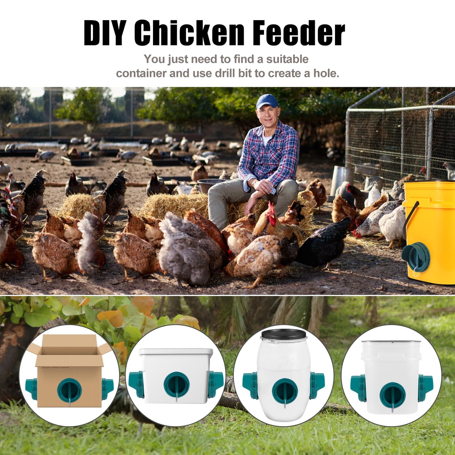 No Waste Chicken Feeder Port Large, DIY Automatic Poultry Feeder Kit for Chicken, Quail, Duck, Goose, Turkey (Pack of 6)