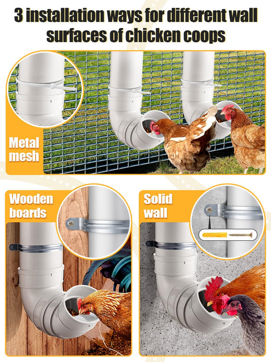 MEWTOGO Automatic Chicken Feeder No Waste - 6.6 Pounds Large Capacity Heavy Duty PVC Pipe Hanging Chicken Feeder, Poultry Gravity Feed Port for Chicken Long Feeding