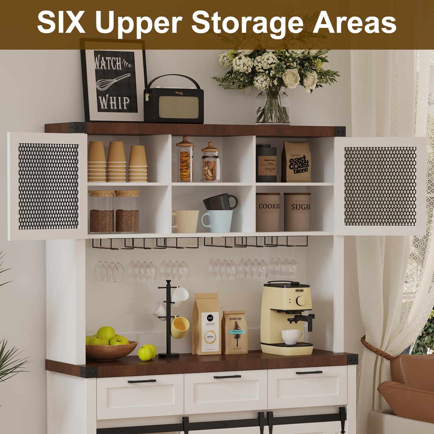 Farmhouse Bar Cabinet with Sliding Barn Door, Tall Kitchen Buffet Hutch Cabinet with Wine & Glasses Rack, Rustic Coffee Bar Sideboard for Living Room, Dining Room, White