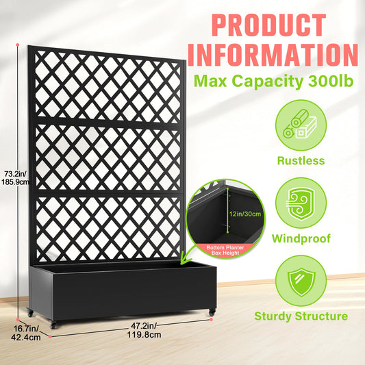 Metal Planter Box with Trellis, Raised Garder Bed with Drainage Hole, Privacy Screen & Trellis for Climbing Plants, Outdoor Plant Stands, 47''L×17''W×73''H, Black