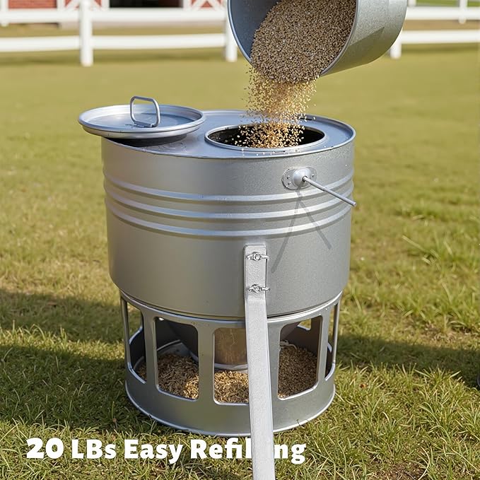 KOL Metal Chicken Feeder - 20lbs Ground Poultry Feeder with 12 Ports, Powder Coated Rust-Proof Design & Smooth Edges for Safe Feeding (Silver)
