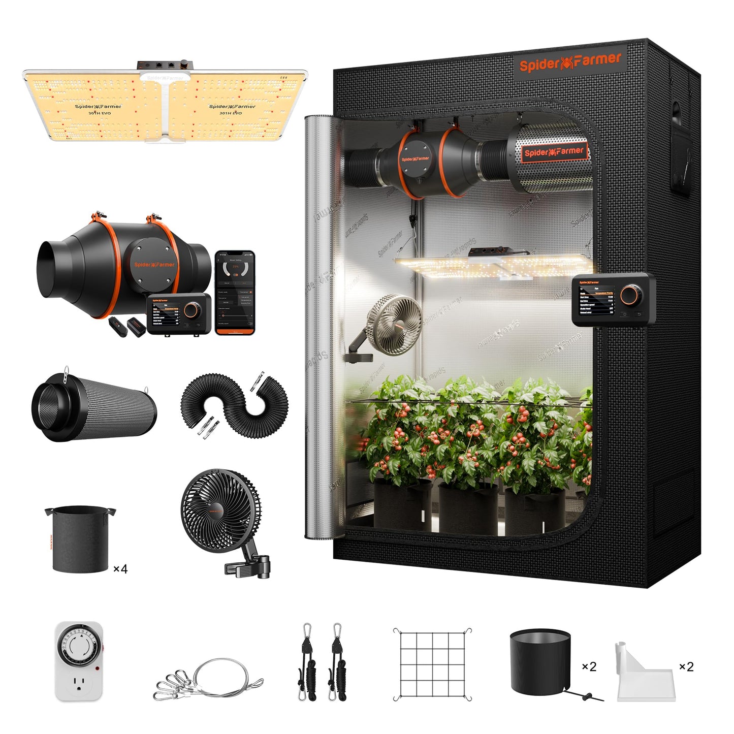 Spider Farmer Grow Tent Complete System 4x2 SF-2000 LED Grow Light with Samsung LM301H EVO Diodes & Dimmable Lights 47" x 24" x 71" Grow Tent 4 Inch Inline Fan Filter with GGS Smart Controller