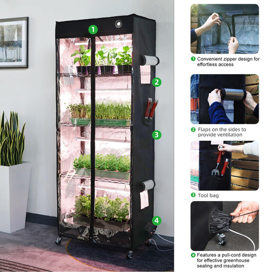 WORTH Mini Greenhouse with LED Grow Lights & Digital Thermo-Hygrometer – Portable Indoor Plant Grow Tent with Oxford Fabric Cover, Adjustable Shelves, Casters & Ventilation Flaps for Seed Starting