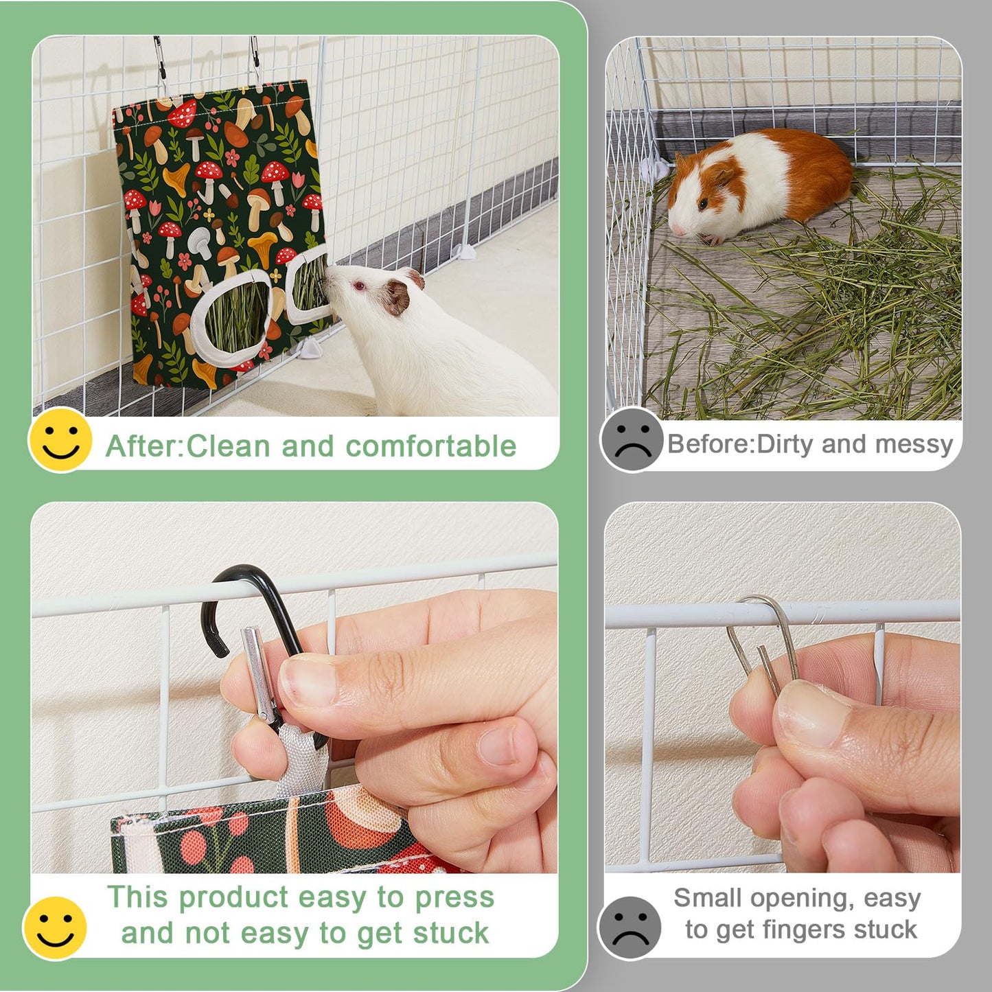 Glittme 2 Pack Guinea Pig Hay Feeder, 11.5x9 Inch Hay Bag for Rabbits, Hanging Hay Holder for Guinea Pigs Cage Hay Feeder for Bunny, Small Pets,Green Mushroom