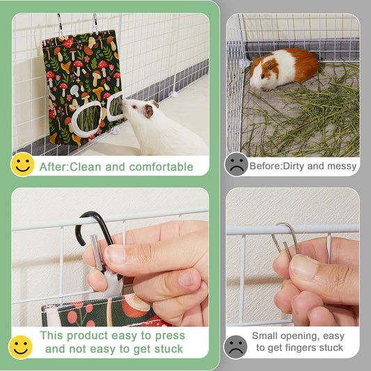 Glittme 2 Pack Guinea Pig Hay Feeder, 11.5x9 Inch Hay Bag for Rabbits, Hanging Hay Holder for Guinea Pigs Cage Hay Feeder for Bunny, Small Pets,Green Mushroom