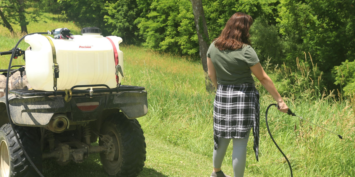 Precision Products High-Performance ATV Sprayer, 25-Gallon Pull Behind Sprayer with 1 GPM, 60 PSI, 6 Inch Tank Opening, 18 Inch Wand, Tow Behind, Translucent White, Made in USA